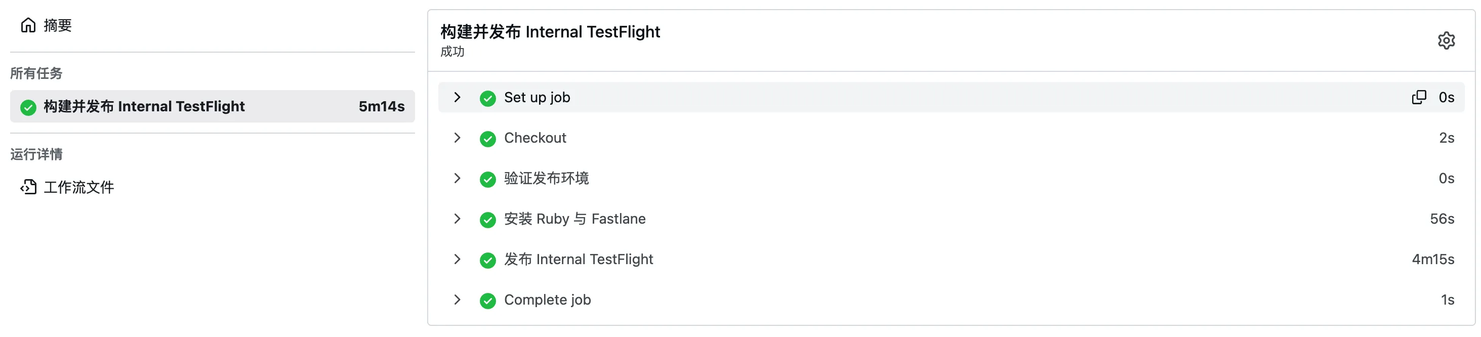 完整的 CI → TestFlight 流水线运行结果